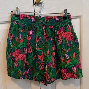 High-Waist Tropical Print Drawstring Shorts - Green & Pink